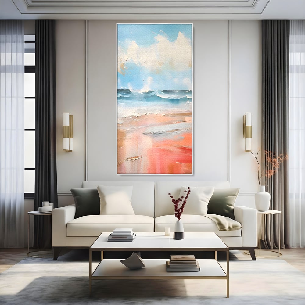 Tablou canvas cu tablou pictat cu peisaj marin abstract, in rama de aluminiu argintiu, pe perete intr-un living